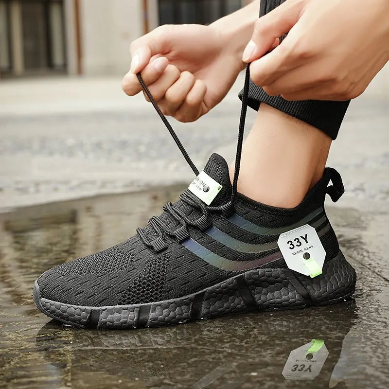 Tênis esportivos casuais masculinos, tênis leves e respiráveis, de malha preta, para corrida, ideal para caminhada.