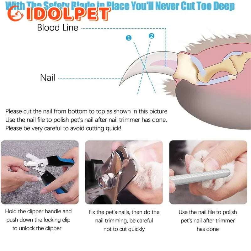 Cortador de unhas profissional para animais de estimação com proteção de segurança, tesoura de aço inoxidável para cuidados com as unhas de gatos e cães, suprimentos para higiene, tamanho adequado
