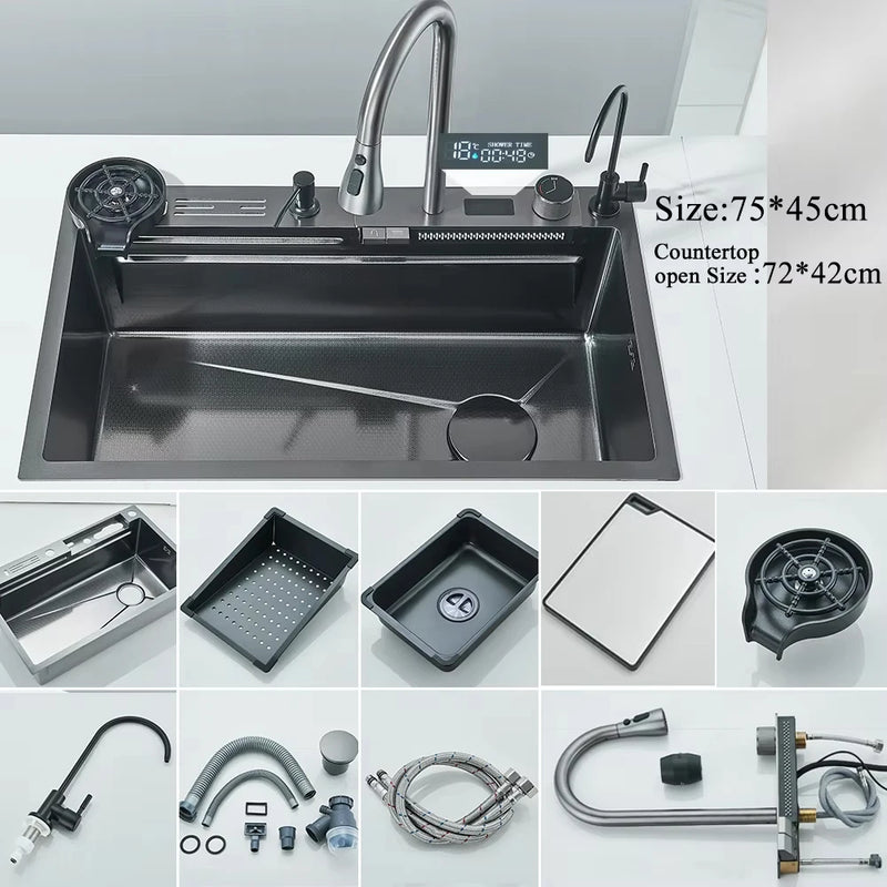 Pia de cozinha em cascata de aço inoxidável 304, grande, com visor digital integrado, conjunto de torneiras, dispensador de sabão e lavadora de copos.