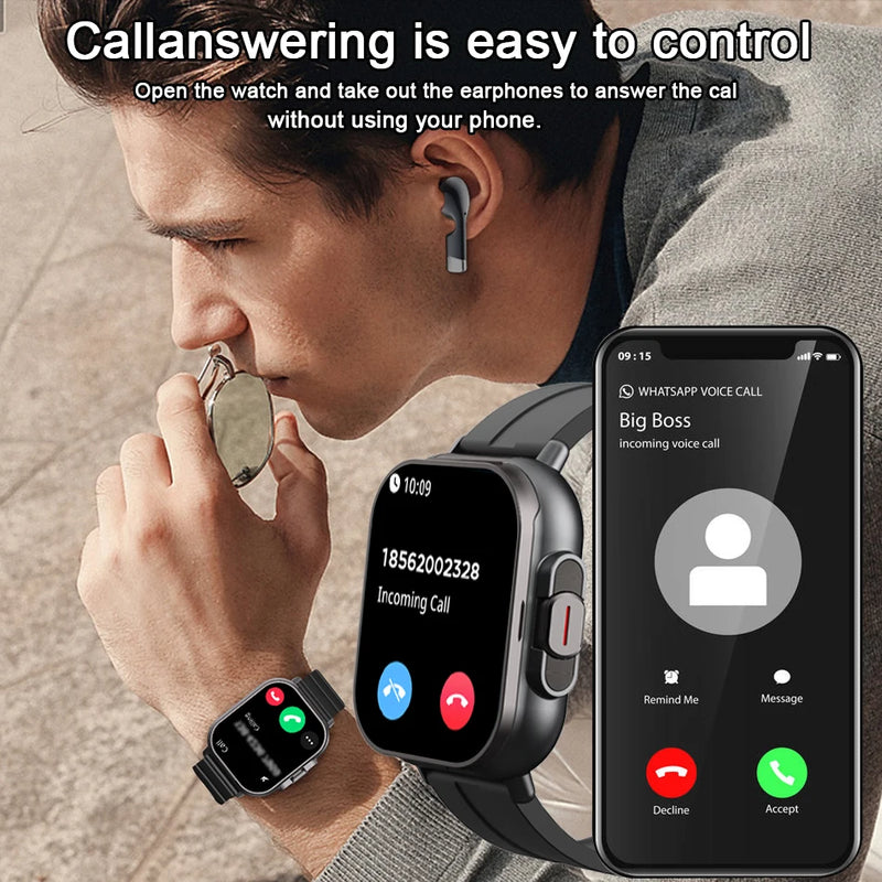 Relógio inteligente 2 em 1 2024 com fone de ouvido, Bluetooth, chamada, relógio masculino, GPS, monitoramento de frequência cardíaca, reprodução de música