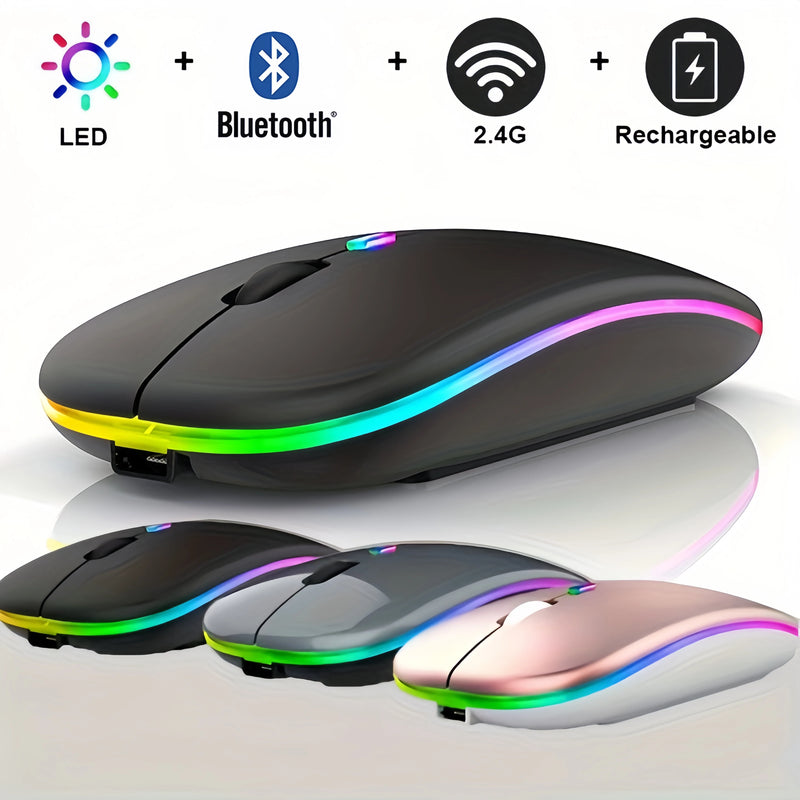 Mouse sem fio Bluetooth e 2,4 GHz, Modos duplos Recarregável RGB Ergonômico, Clique silencioso para PC iPad Laptop Celular TV.