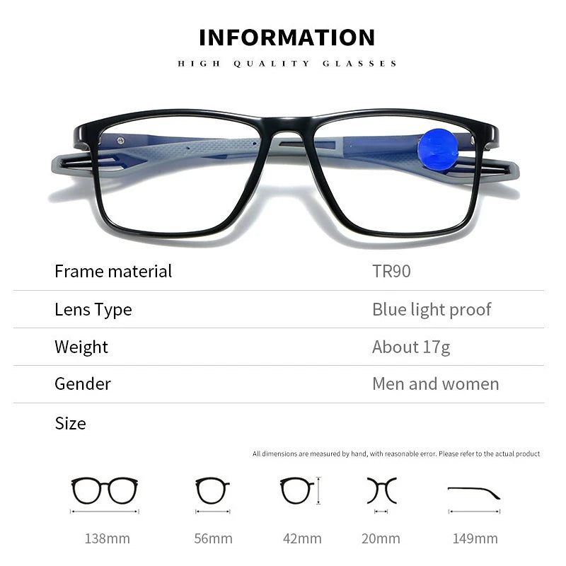 Óculos de leitura anti-luz azul Ultraleve TR90 Sport Presbiopia, Óculos de grau Feminino Masculino, Óculos de visão de longo alcance Dioptrias até +4.0.