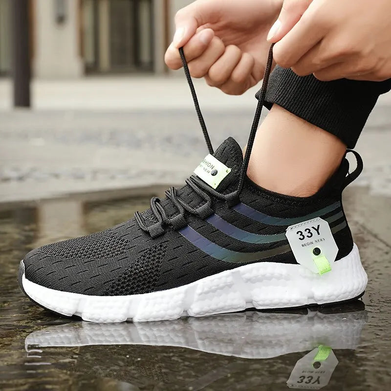 Tênis esportivos casuais masculinos, tênis leves e respiráveis, de malha preta, para corrida, ideal para caminhada.