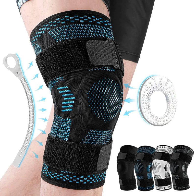 Joelheiras esportivas para dor no joelho, recuperação de lesão por ruptura de menisco com estabilizadores laterais, suporte de joelho em gel para patela, manga de compressão.