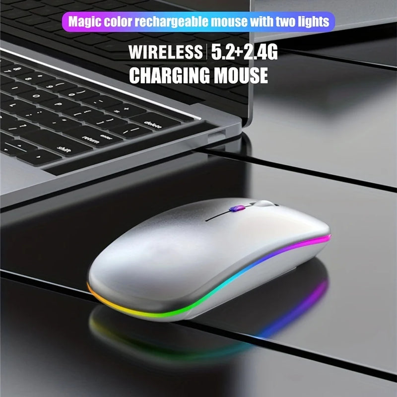Mouse sem fio Bluetooth e 2,4 GHz, Modos duplos Recarregável RGB Ergonômico, Clique silencioso para PC iPad Laptop Celular TV.