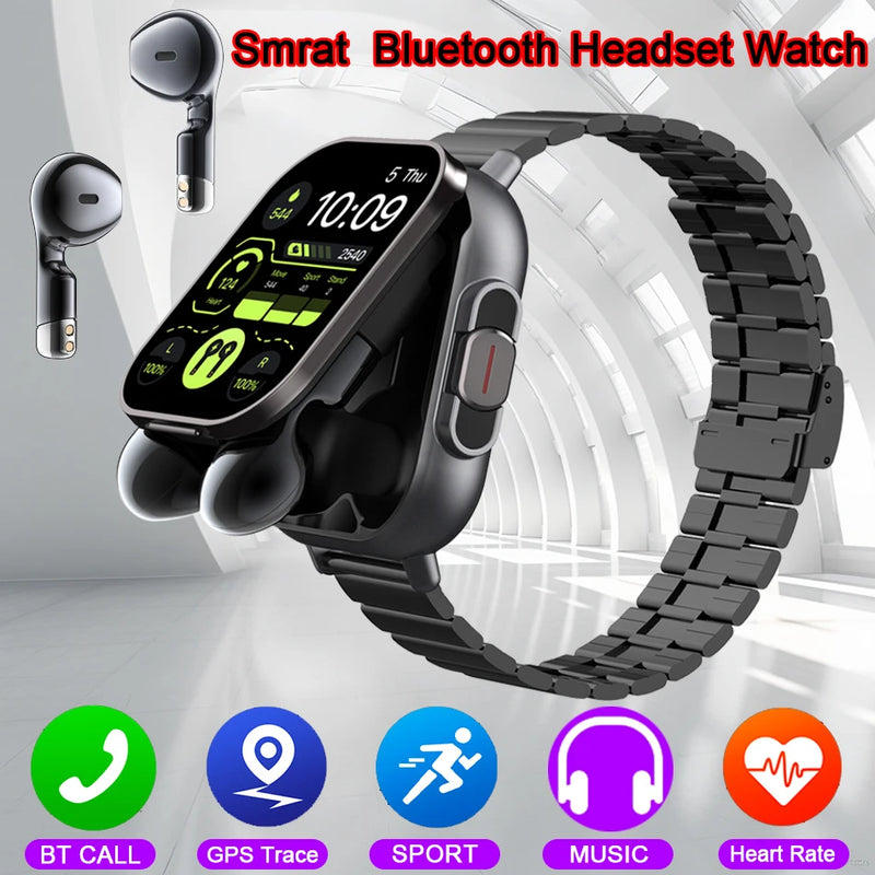 Relógio inteligente 2 em 1 2024 com fone de ouvido, Bluetooth, chamada, relógio masculino, GPS, monitoramento de frequência cardíaca, reprodução de música