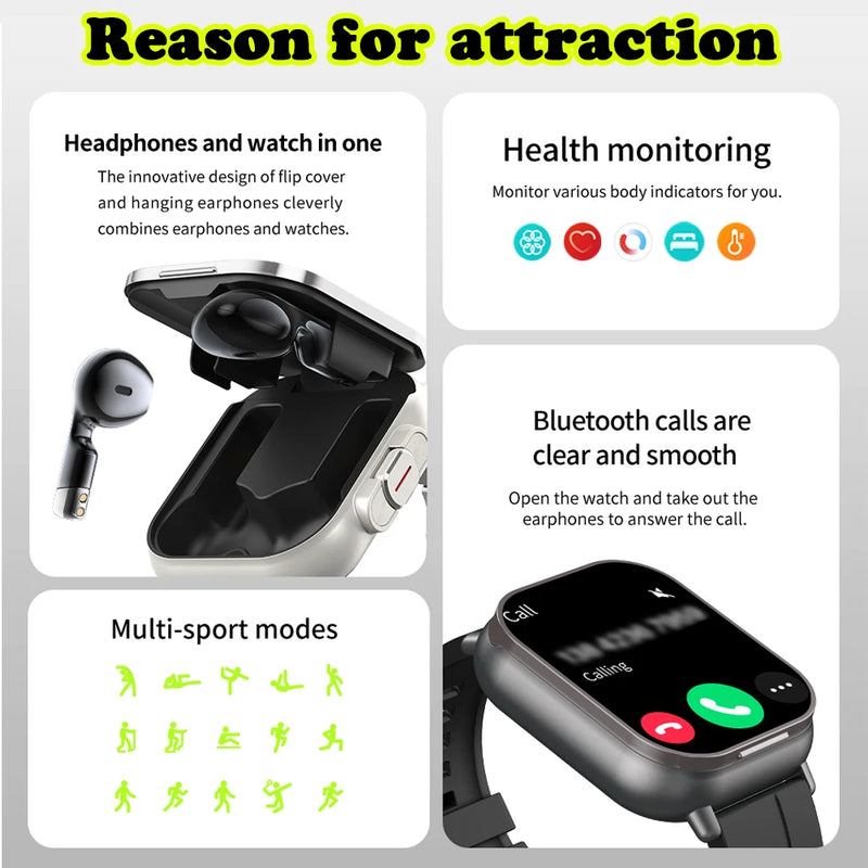 Relógio inteligente 2 em 1 2024 com fone de ouvido, Bluetooth, chamada, relógio masculino, GPS, monitoramento de frequência cardíaca, reprodução de música