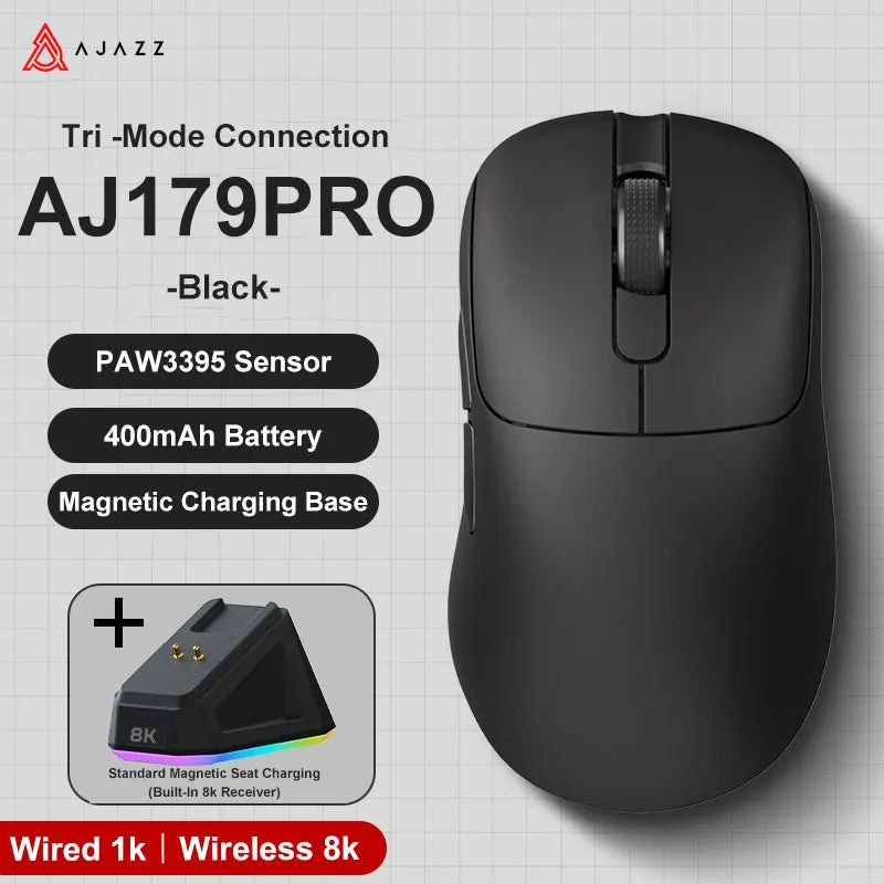 Mouse sem fio com fio leve AJAZZ AJ179 PRO PAW3395 com base de carregamento magnética ergonômico e macro para jogos para PC e laptop.
