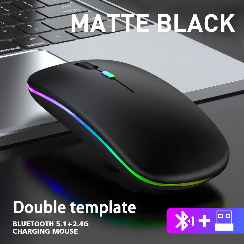 Mouse sem fio Bluetooth e 2,4 GHz, Modos duplos Recarregável RGB Ergonômico, Clique silencioso para PC iPad Laptop Celular TV.