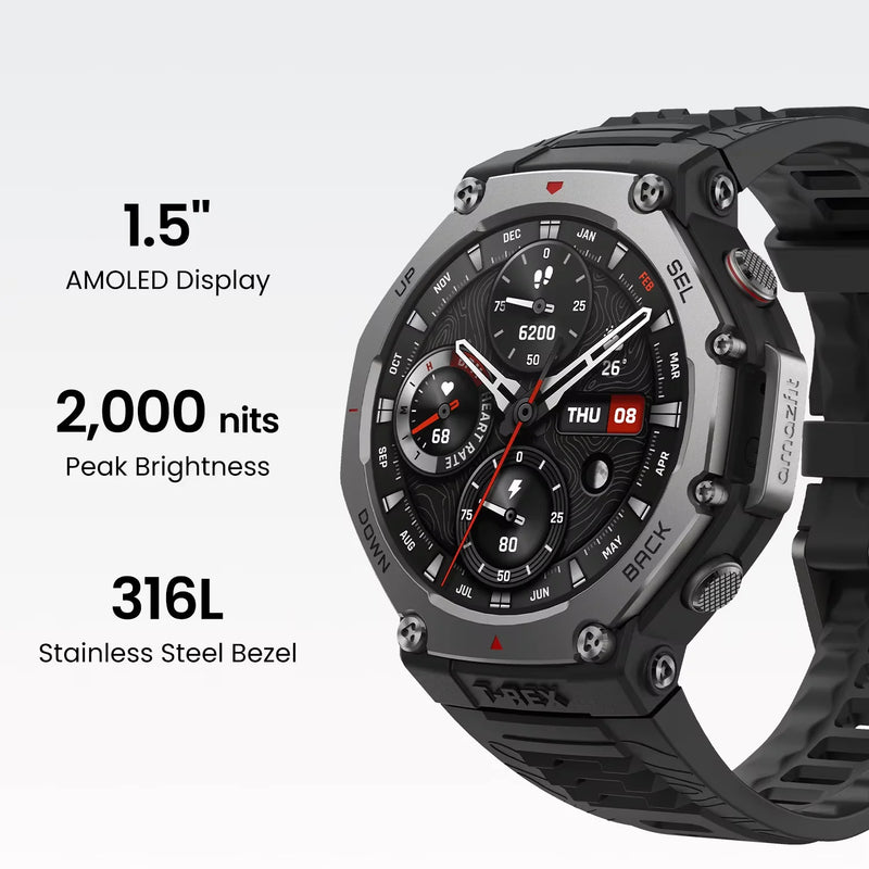 Amazfit T-Rex 3 Smartwatch para atividades ao ar livre com tela AMOLED de 48 mm, 6 sistemas de satélite, GPS de banda dupla, 170 modos esportivos